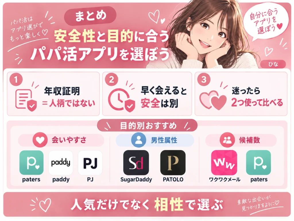 まとめ｜安全性と目的に合うパパ活アプリを選ぼう