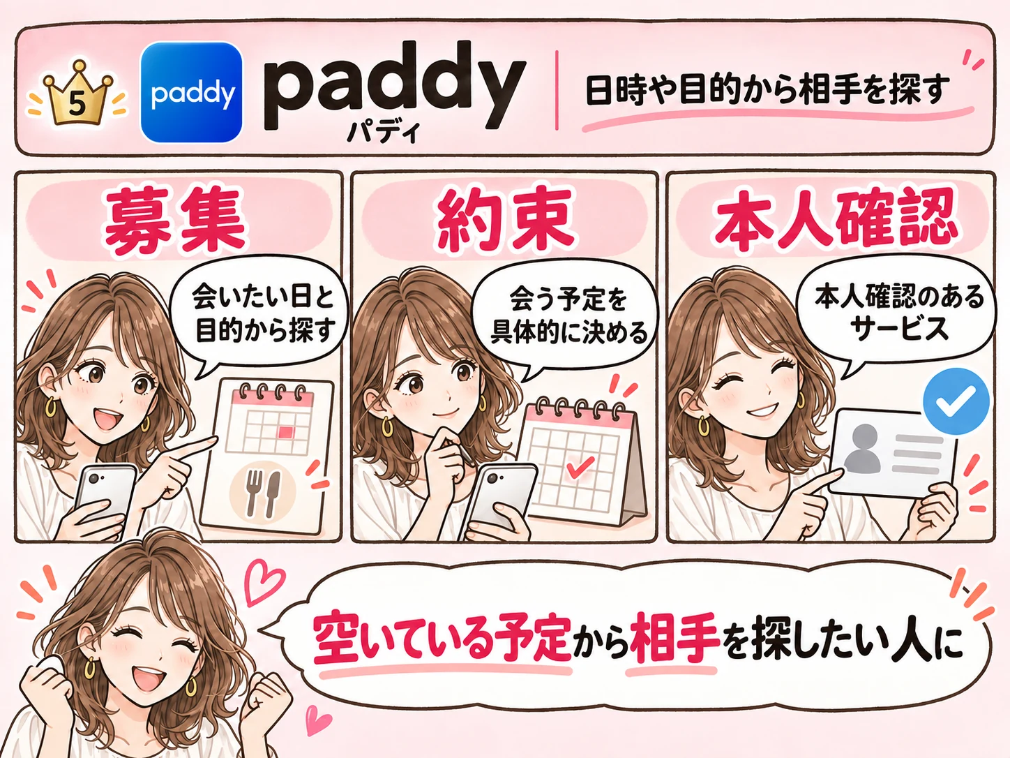 paddy（パディ）の特徴：日時や目的から探す募集、約束、本人確認