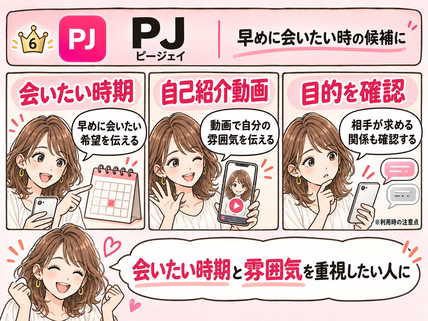 PJ（ピージェイ）の特徴：会いたい時期を伝える相手探し、自己紹介動画、目的を確認する際の注意点